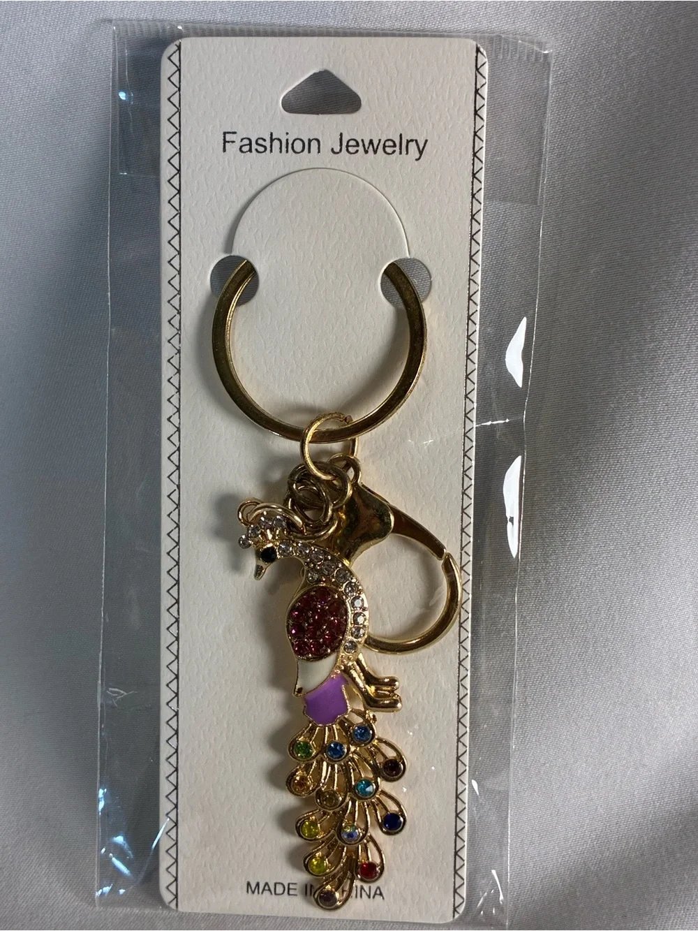 Gold Peacock Key & Card Holder Charm - Multicolor Gem Accents